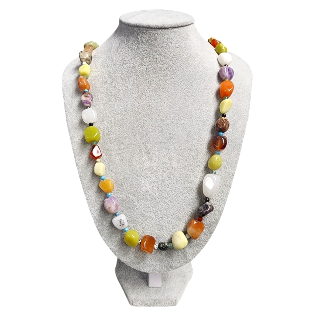 Turquoise, African Amethyst, Blk Agate, Blk Obsidian + More Gemstone Necklace